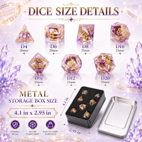 Metal Dice Set DND 7pcs with Gift Box - RPG Gift for Gamers(Gold-Purple) | Elegant gift box included, making it the ultimate present for roleplaying tabletop gamers and D&D enthusiasts - color: Gold-purple