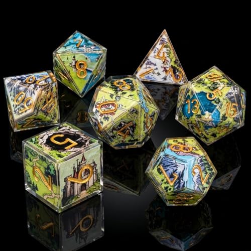 Map Landscape Sharp Edge Resin DND Dice Set 7PCS Polyhedral Dice for Tabletop RPG Games, Handmade Multi-Sided Dice for Dungeons Role Playing, Pathfinder, Gift for Gamers - color: Map