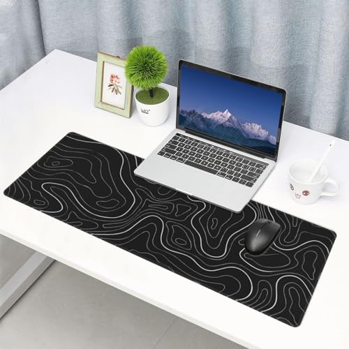 Large Gaming Mouse Pad Desk Mat, Black Topographic Contour Extended Keyboard Mouse Pad Mousepad with Non-Slip Base and Stitched Edge Mouse Mat Desk Pad Mouse Pads for Desk Home Office, 31.5 x 11.8 - color: Topographic Contour Black