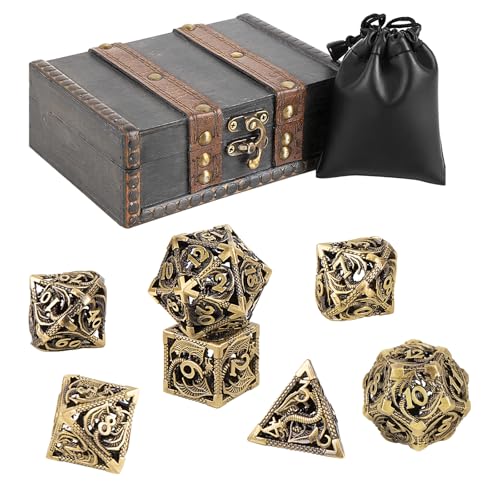 7PCS DND Dice Set, Premium Hollow Metal Polyhedral Dice with Treasure Chest & Dice Bag, Gift for Men & Women, Dungeons and Dragons, TTRPG RPG Tabletop Games (Antique Gold Copper) - color: Antiquegold-copper