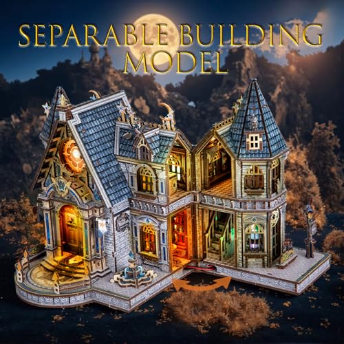 LED 3D Wood Puzzle, School for Wizards with Lighting DIY Wooden Miniature Building Kit Architecture Model