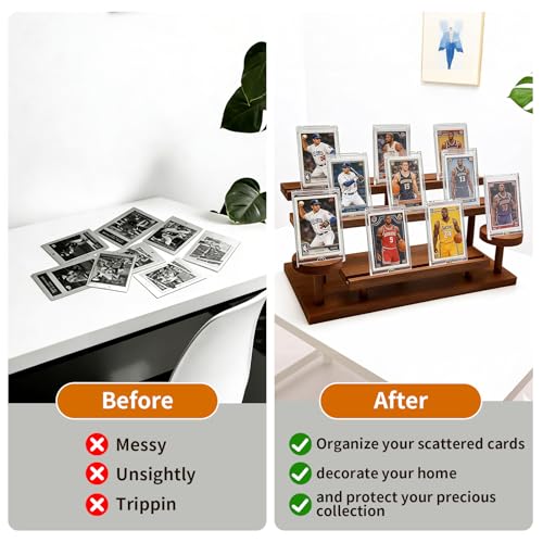 Wooden Trading Card Display Stand Fit 35-100pt Cards Cases, 5-Tier Card Holder for PSA Graded, Sports Cards, Mag Holders, Large Capaticy Wood Stand for Basketball Baseball Magnetic Graded Sleeves Cards Cases