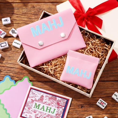 2 Pcs Leather Mahjong Card Bag Clutch Pouch Holder with PU Squeeze Dice Bag Mahjong Accessories Protector Cover Case for MAHJ Lover Playing Game Night (Pink) - color: Pink