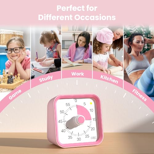 Visual Timer for Kids, Cute Timer with Pause Function, Pink | Time Management for Classroom, ADHD, Kitchen, Toddlers, Study, Alarm 3 Volume Levels, Light Indicator, Easy to Use - color: Pink