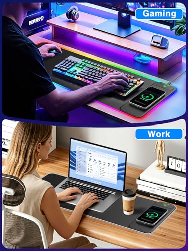 XL RGB LED Gaming Mouse Pad with 15W Magnetic Wireless Charging | 31.5'' x 11.8'' Large Desk Mat, 24 Lighting Effects Keyboard Pad with Non-Slip Rubber Base, Waterproof Easy Gliding Surface - color: RGB-Magnetic Right Charger-31.5"x11.8"
