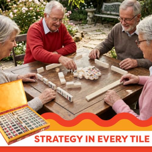 HEY! PLAY! Chinese Mahjong Set with Ornate Storage Case - Traditional Mahjong Tile Game with 146 Engraved Tiles and Two Dice for Adults and Kids