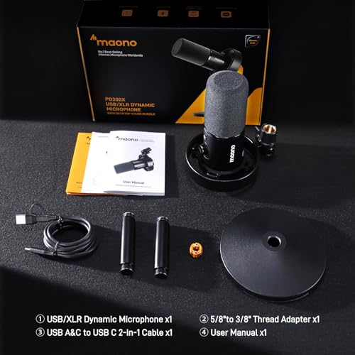 MAONO Dynamic Microphone-XLR USB Podcast Recording Mic: for Vocal Recording, Content Creation, Home Studio, Voiceover, with 192kHz/24bit, Noise Reduction, Mic Gain, Monitoring, Mute (PD300XT)