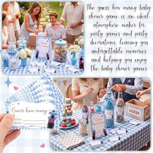 Blue Soda Guess How Many Baby Shower Game Pack of 1 Tabletop Sign with Stand and 50 How Many Cards, Red and Blue Soda Gender Reveal Party Game Decorations - style: Blue Soda