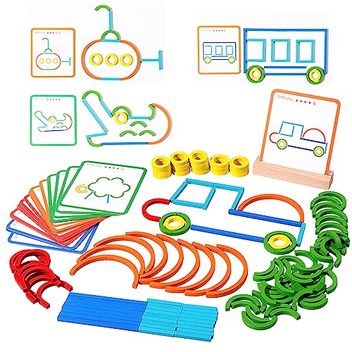 142pcs Wooden Pattern Blocks Montessori Smart Sticks Wooden Tangram Puzzle STEM Toy Activities Preschool Brain Teaser Montessori Toys Gift for 3 4 5 Years Old Kids Boys Girls