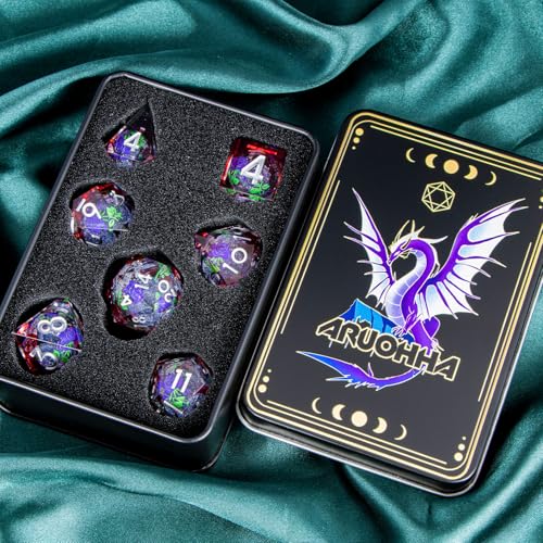 ARUOHHA Liquid Core DND Dice Set, Vampire Sharp Edged Dragons Dice Compatible with D&D RPG Role Playing Games, Resin Blood Red Polyhedral Dungeons D and D Dice with Gift Box D20 D12 D10 D8 D6 D4 - color: Rose - Silver Purple