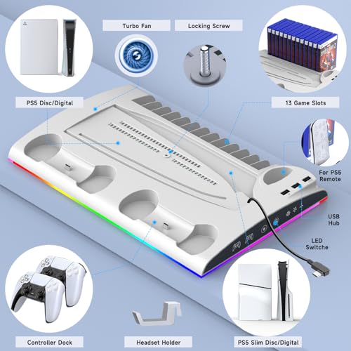 Cooling Station for PS5/PS5 Slim Disc & Digital Console, PS5/PS5 Slim Stand Cooling Stand with RGB Controller Fast Charging Station for PS 5 Console Accessories with Cooling Fan