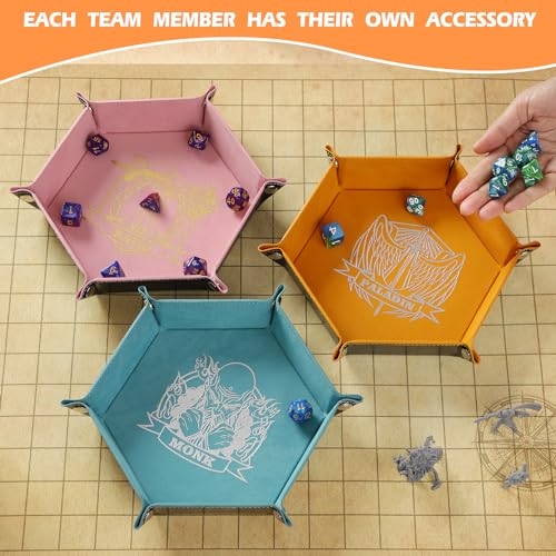 Grajar 6 Pcs DND Dice Tray with Characters Pattern for RPG D&D Table Games - Folding PU Leather and Velvet Rolling Holder Storage Box - color: Character Series 1
