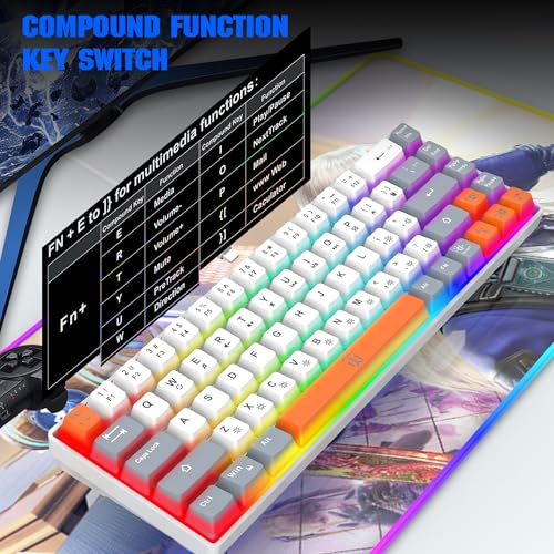 Snpurdiri 60% Percent Gaming Keyboard (68 Keys, White-Grey-Orange) | Ergonomic Compact RGB Backlit Small Gaming Keyboard for Windows, PC, Laptop - color: White Grey Orange