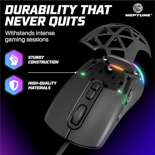 Neptune Blade Ergonomic Lightweight LED Gaming Mouse | Wired USB Corded Mouse with Backlight Effects (Black)