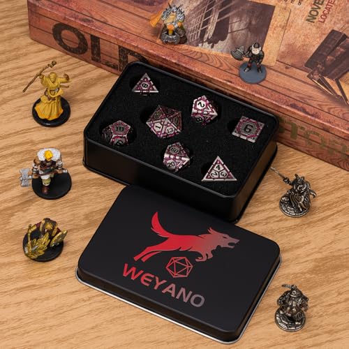 Metal DND Dice Set, Polyhedral Metallic Dice with Cracks for Dungeons and Dragons RPG TTRPG D&D 7-Die Set with Gift Case - color: Ancient Nickel Rose Red