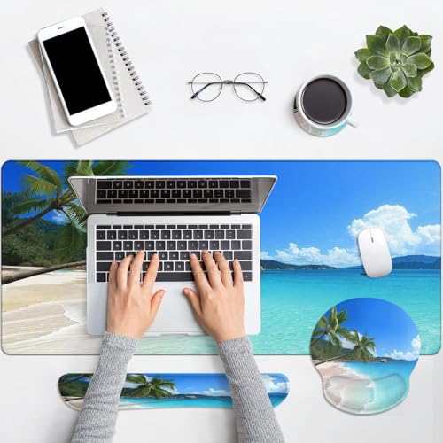 Arttown Tropical Sunshine Beach Desk Mat Summer Ocean Mouse Pad Set 4 in 1 Ergonomic Design Large Desk Pad + Keyboard Wrist Rest + Mouse Wrist Rest + Coaster Suitable for Home Office Study Game - color: Tropical Beach