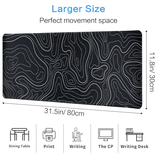 Gaming Mouse Pad Large 31.5 x 11.8in Topographic Keyboard Mousepad for Non-Slip Base and Stitched Edge, Extended Desk Pad XL Desk Mat (Black) - color: Black