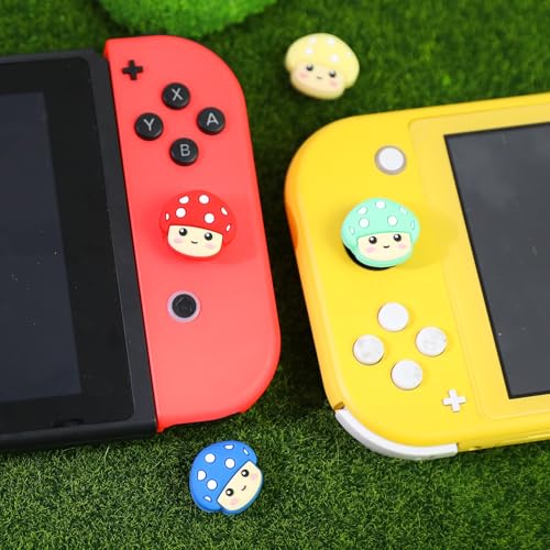 Switch Joycon Thumb Grips Caps, 4 PCS Cute Kawaii 3D Silicone Analog Thumbstick Button Cover Compatible with Nintendo Switch Lite/OLED Joystick Caps (Multicolor Mushroom) - color: Multicolor Mushroom