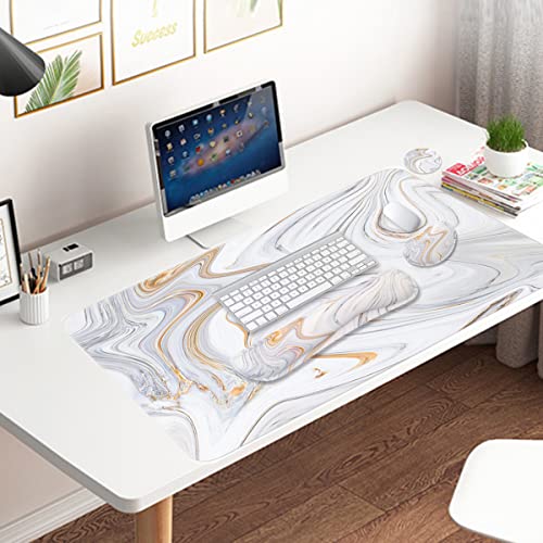 4-in-1 Large Gaming Mouse Pad, Keyboard Wrist Rest Pad & Wrist Support Mousepad Set, Extended Desk Pad Waterproof Desk Mat for Home Office Study Game - White Marble - color: White Marble