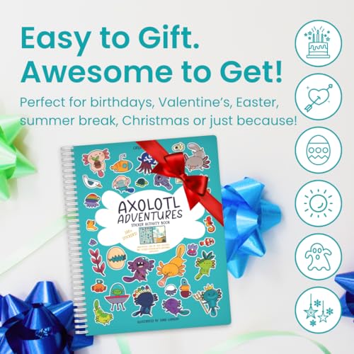 Axolotl 300+ Kids Sticker Book by Cupkin Toddler Airplane Travel Coloring and Sticker Book, Road Trip Essentials, 8 Coloring Pages 8 Side by Side Scenes for Ages 2–8 Years - color: Axolotl Adventures
