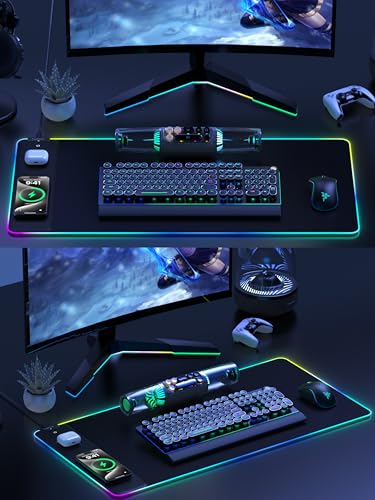 TopMade Wireless Charging RGB Mouse Pad, Waterproof Gaming Desk Mat with 4 Light Modes & 11 RGB Colors, 31.5"x15.75" XXL Large Desk Pad(Includes 20W PD Power Adapter & 6.56ft Woven Cable) - color: Rgb - Black With Adapter
