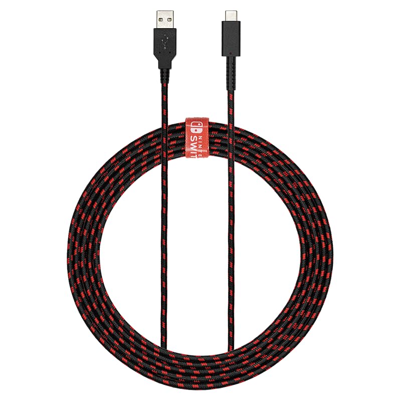 PDP Gaming Charge Cable Licensed for Nintendo Switch 8 ft USB-C | 8-Foot Charging Cable, Durable Braided Design, Cable Management Tie Strap, Charge & Sync Compatibility, Black/Red