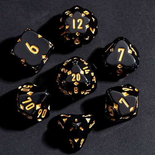 7PCS Resin DND Dice Set Black D&D RPG Dice Set for Tabletop Games | Leather Storage Bag, DM Gift, for Dungeons and Dragons Role Playing Games - color: F-black