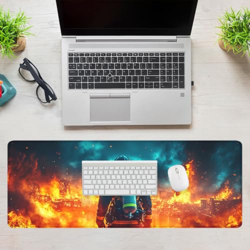 Firefighter Mouse Pad Heroic City Inferno Disaster Scene Large Gaming Mouse Mat with Stitched Edges,Non-Slip Waterproof Rubber Base Mous Mat Office Computer Keyboard Laptop 31.5x11.8 Inch - color: Firefighter_11, size: 31.5L x 11.8W inches