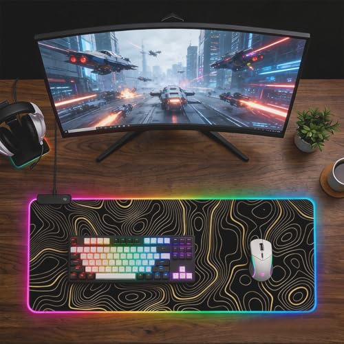 RGB Mouse Pad LED Desk Mat Large Gaming Mousepad Black and Gold Line Design, Keyboard Pad XL Mouse Mat for Home and Office (Black with Gold Topographic Line) - color: Black With Gold Topographic Line