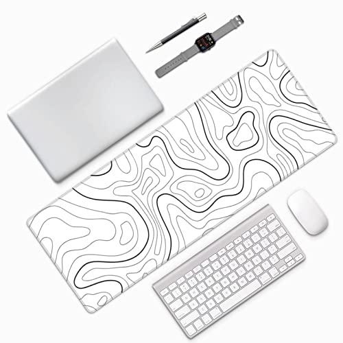White Extended Gaming Mouse Pad - 31.5 x 11.8 Inch Black and White Topographic Mouse Pad with Anti-Slip Rubber Base for Home Office - color: White Topographic