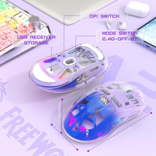 ZIYOU LANG A2 Transparent Wireless Gaming Mouse with Battery Level Display,Bluetooth/2.4G Wireless PC Mice,3D RGB Backlit,5 Million Clicks,PixArt 3212,up to 4000 DPI for Win/MAC,Purple - color: Purple
