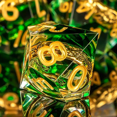 OUKELANWO Magic Lord Rings DND Dice Set with Box, 7Pcs Resin LOTR D&D Dice Set for Role Playing Game, Green Gold Dungeons Dragons D and D Sharp Edge Dice D20 D12 D10 D8 D6 D4 - color: Green