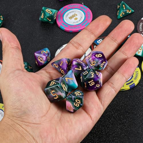QMAY DND Dice Set -D&D Polyhedral Dice (7 Pcs) for Dungeons and Dragons (Purple Green Four Colors) - color: Purple Green Four Colors