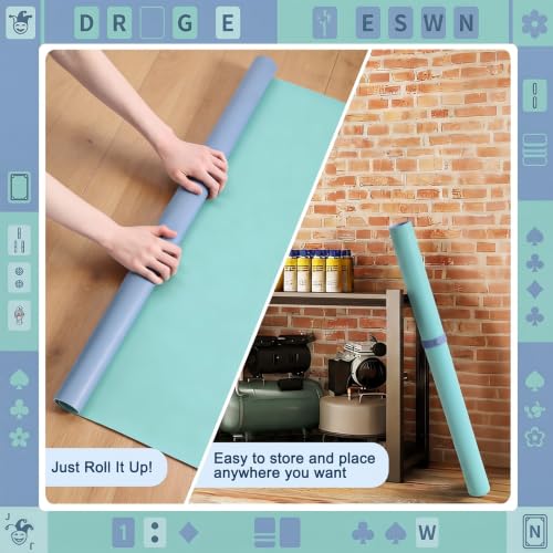 Drydiet Vegan Leather Mahjong Game Mat 31.5 x 31.5 Inch Reversible Anti Slip Noise Reducing Waterproof Mahjong Mat for Table, Poker, Board Games, Dominoes and Card Game(Mint Green and Dusty Blue)