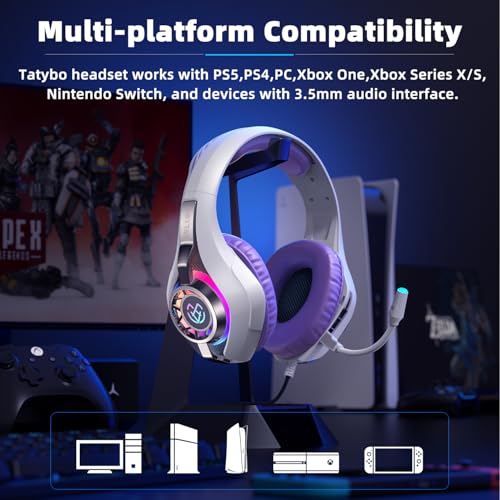 Tatybo Gaming Headset for Ps4 Ps5 Switch PC Mobile Xbox with Noise Canceling Mic, Wired Gaming Headset with RGB Light, Stereo Surround Sound - color: Purple