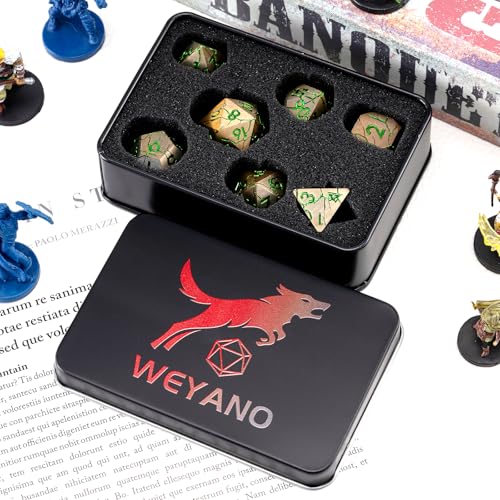 Metal D&D Dice Set with Box - Polyhedral Dice for RPG Dungeons and Dragons with Cracks - color: Copper and Green