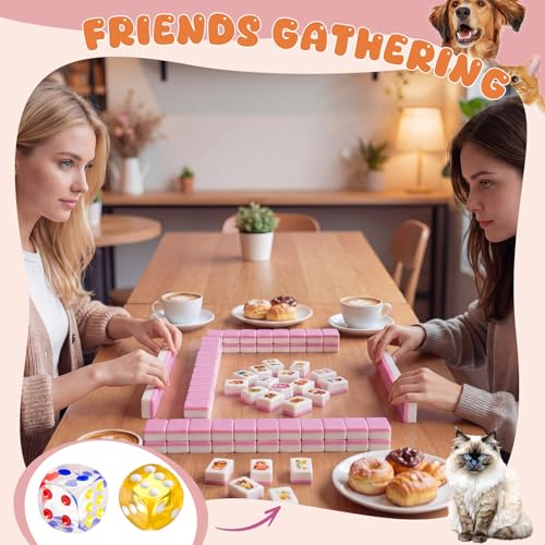 Hollowfly 2 Player Mahjong Block Set with Storage Bags 65 Tiles 30 mm Mahjong Push Tile Game with Animals Pattern No DIY Required for Friend Family Game Night Party Gift - style: Dog and Cat