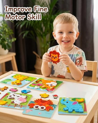 Wooden Puzzles for Toddlers 1-3, 6pcs Animal Jigsaw Puzzles for Toddlers, Montessori Educational Learning Toys for Kids Ages 1-4,Gifts for Boys Girls