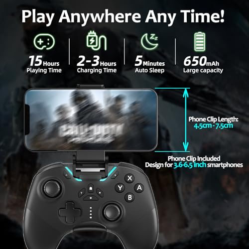 Hall Effect Bluetooth Controller for Switch/PC/iPhone/Android/TV/Steam, Pro Wireless Game Controller Remote Gamepad with Phone Clip with Hall Joystick/Lock Speed/6-Axis Gyro/Dual Motors/Turbo/Macro - color: whole black