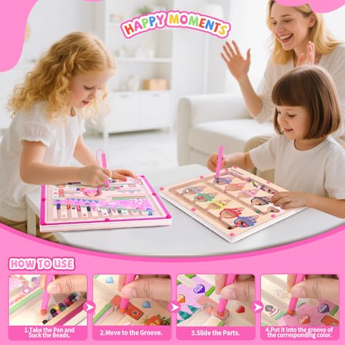 wakeInsa 2 in 1 Magnetic Color and Number Maze,Montessori Toy for Toddler Girls,Wooden Magnet Balls Puzzles,Toddler Busy Board Game,Preschool Learning Activities (Princess & Ice Cream) - style: 2 in 1-Princess & Ice Cream