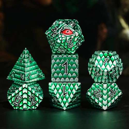 Dragon Eye Metal Dice Set, 7 Pcs Dragon Scale Metallic Dice, Gift Box for Dungeons & Dragons Tabletop Game (Green Dragon Scale & Red Eye) - color: Green Dragon Scale & Red Eye