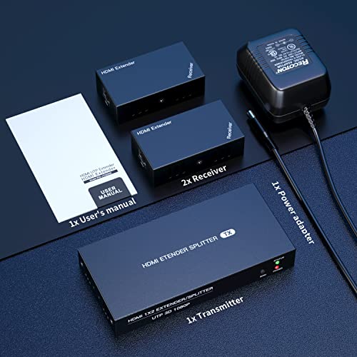 HDMI Extender Splitter 1x2 1080P@60Hz Over Cat 5E/6/7 Ethernet Cable 165ft | Support EDID Copy POC Function (1 in 2 out), for Church, Classroom, Business Activity, Multi Video Displays - size: 1x2 1080P 165ft