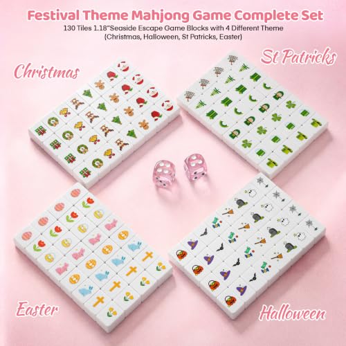 130 Pcs Mahjong Block Set, 4 Players 1.18” Seaside Escape Game Blocks with 4 Different Theme(Christmas, Halloween, St Patricks, Easter),Portable Vita Mahjong Game Set with A Carry Bag