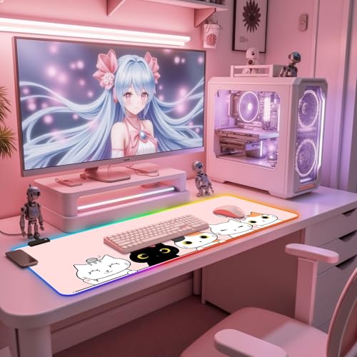 RGB Mouse Pad I Large Mousepad with 14 Led Modes I Keyboard Pad Gaming Desk Mat I Non-Slip Rubber Base Mouse Mat I 900x400x4mm Waterproof Mousepad for PC MacBook Women Girl I Cute Pink Kawaii Cats - color: Cute Pink Kawaii Cats