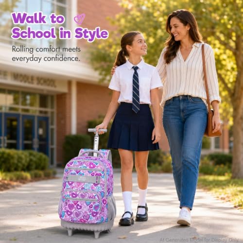 3Pcs Rolling Backpack for Girls Women, Travel Roller Backpacks with Wheels for Adults, Teens College Love Wheeled Bookbag with Lunch Box(Ash Powder) - color: Love Grey