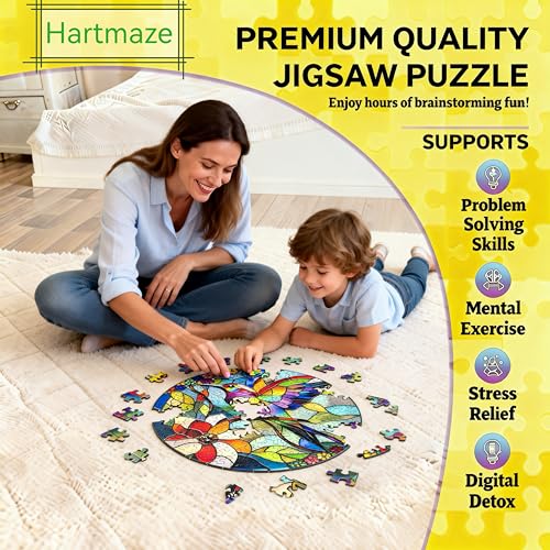Hartmaze Stained Glass Hummingbird Wooden Puzzle, 178 Intricate Irregular Pieces, 11.2x11.2 Inch, Exquisite Wooden Gift Box – Vibrant Mosaic Art Jigsaw for Adults & Kids 8+ - color: Stained Glass and Hummingbird