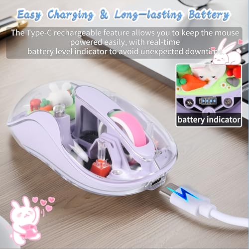 elec Space Cute Wireless USB C Mouse - Bluetooth Triple Mode Rechargeable Cartoon Mouse for Laptops, iPads & MacBook Air/Pro - Silent Operation, Portable Design, Unique Magnetic Character (Purple) - color: Purple