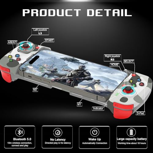 arVin Wireless Gaming Controller for iPhone Android Gamepad Joystick for iPhone 15/14/13/12, iOS, iPad, MacBook, Samsung Galaxy S23/S22/S21, TCL, Tablet, PC, Call of Duty Mobile -with Back Button - color: Camo