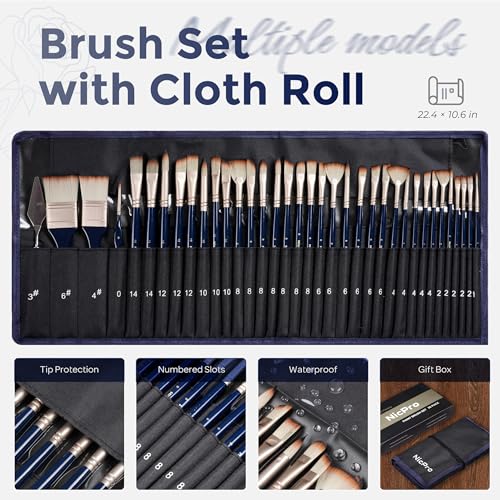 Nicpro 36pcs Paint Brush Set for Acrylic Painting, Oil, Watercolor, Gouache | 9 Shapes No Shedding Synthetic Bristles with Palette Knife and Canvas Roll, Professional Painting Supplies for Artists - color: Blue
