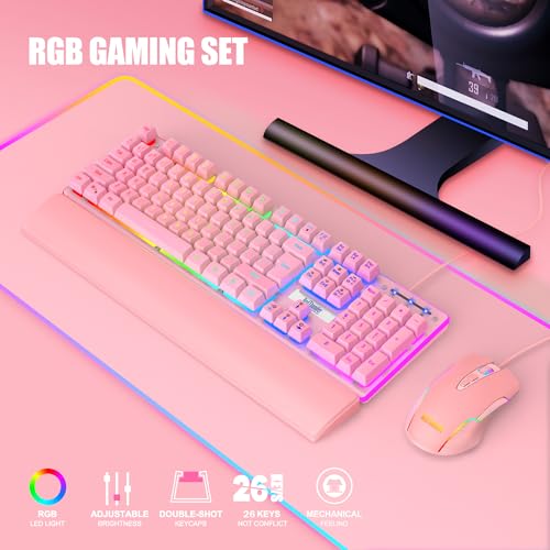 RedThunder K10 Wired Gaming Keyboard and Mouse and Wrist Rest Combo, RGB Backlit, Mechanical Feel Anti-ghosting Keyboard + 7D 7200 DPI Mice+Soft Leather Wrist Rest 3 in 1 PC Gamer Accessories(Pink) - color: Pink